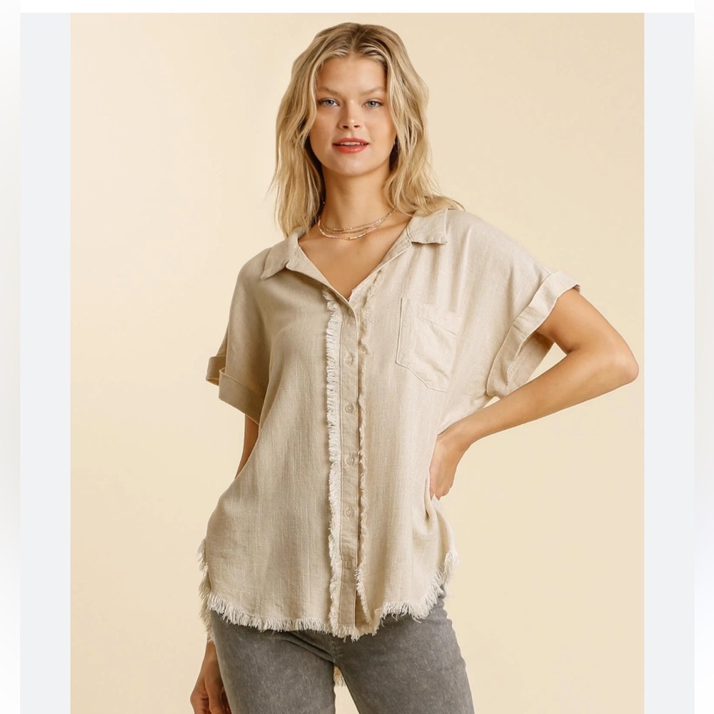 Umgee Beige Linen Button Down Casual Shirt 1XL